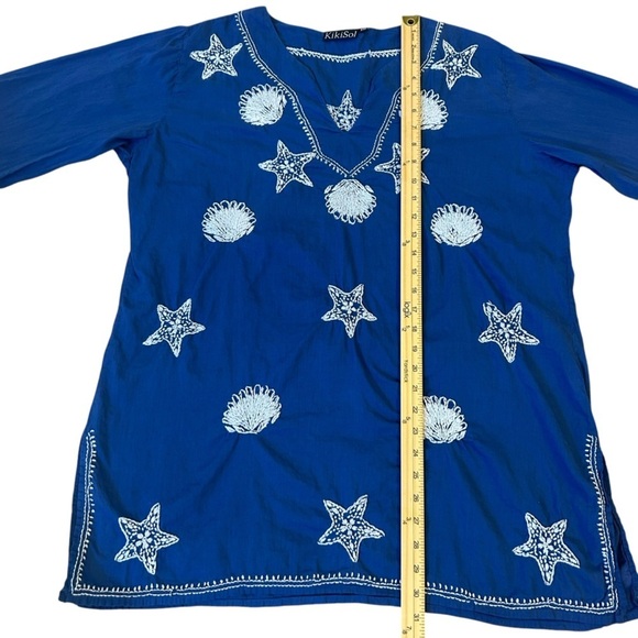 Beach Sea Coastal Blue Embellished 3/4 Sleeve Tunic with embroiderey - Picture 5 of 6
